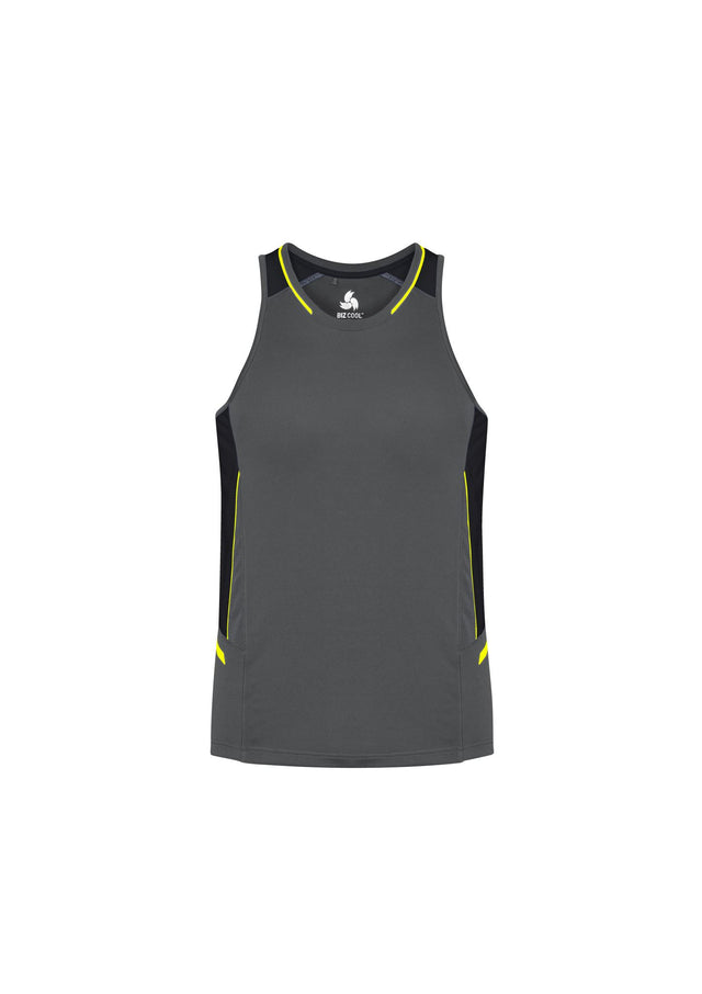 Mens Renegade Singlet in Grey/Black/Fluoro Yellow, size XL, featuring breathable mesh panels and reflective trims for visibility.