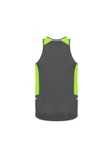 Men's grey singlet with fluoro lime accents, featuring reflective trims, mesh panels, and UPF protection in size XL.