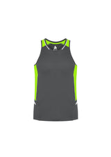 Men's Renegade Singlet in grey, fluoro lime, and silver, featuring breathable fabric, UPF protection, and reflective trims.