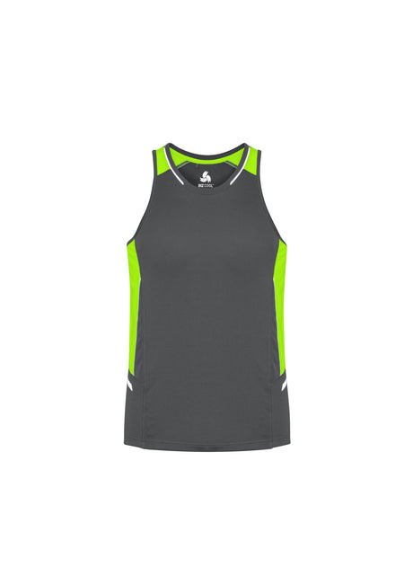 Men's Renegade Singlet in grey, fluoro lime, and silver, featuring breathable fabric, UPF protection, and reflective trims.