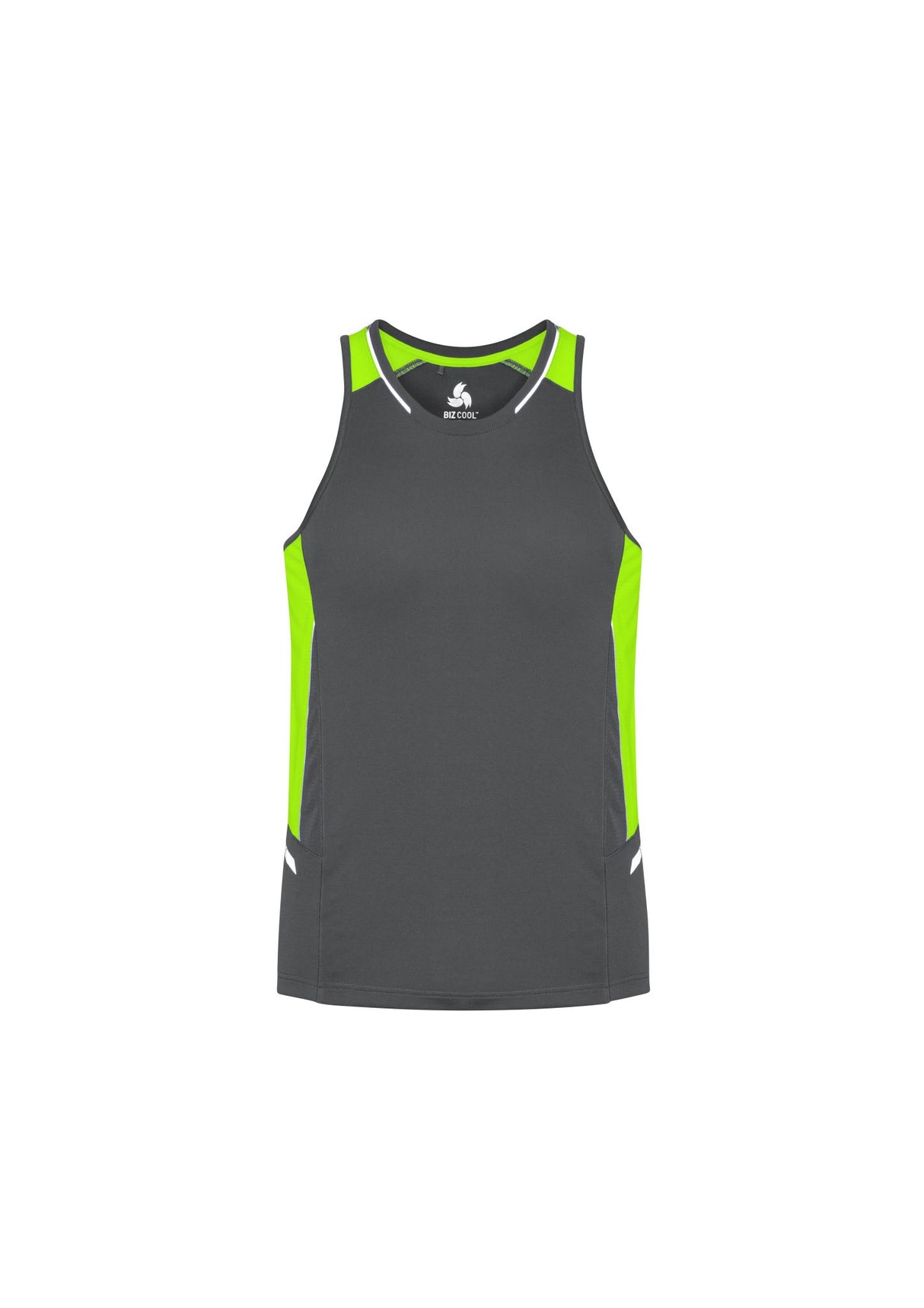 Men's Renegade Singlet in Grey, Fluoro Lime, and Silver, featuring reflective trims and breathable mesh panels, Size 3XL.