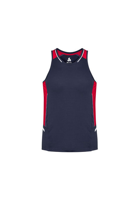 Men's Renegade Singlet in Navy/Red/Silver, designed for comfort and breathability with reflective trims and mesh panels. Size XS.