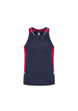 Navy/red/silver men's singlet with moisture-wicking fabric, UPF protection, and reflective trims for active wear and visibility.
