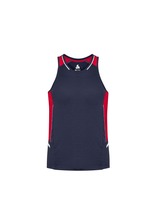 Navy/red/silver men's singlet with moisture-wicking fabric, UPF protection, and reflective trims for active wear and visibility.