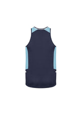 Men's Renegade Singlet in Navy/Sky/Silver, size M, featuring breathable fabric, UPF protection, and reflective trims.