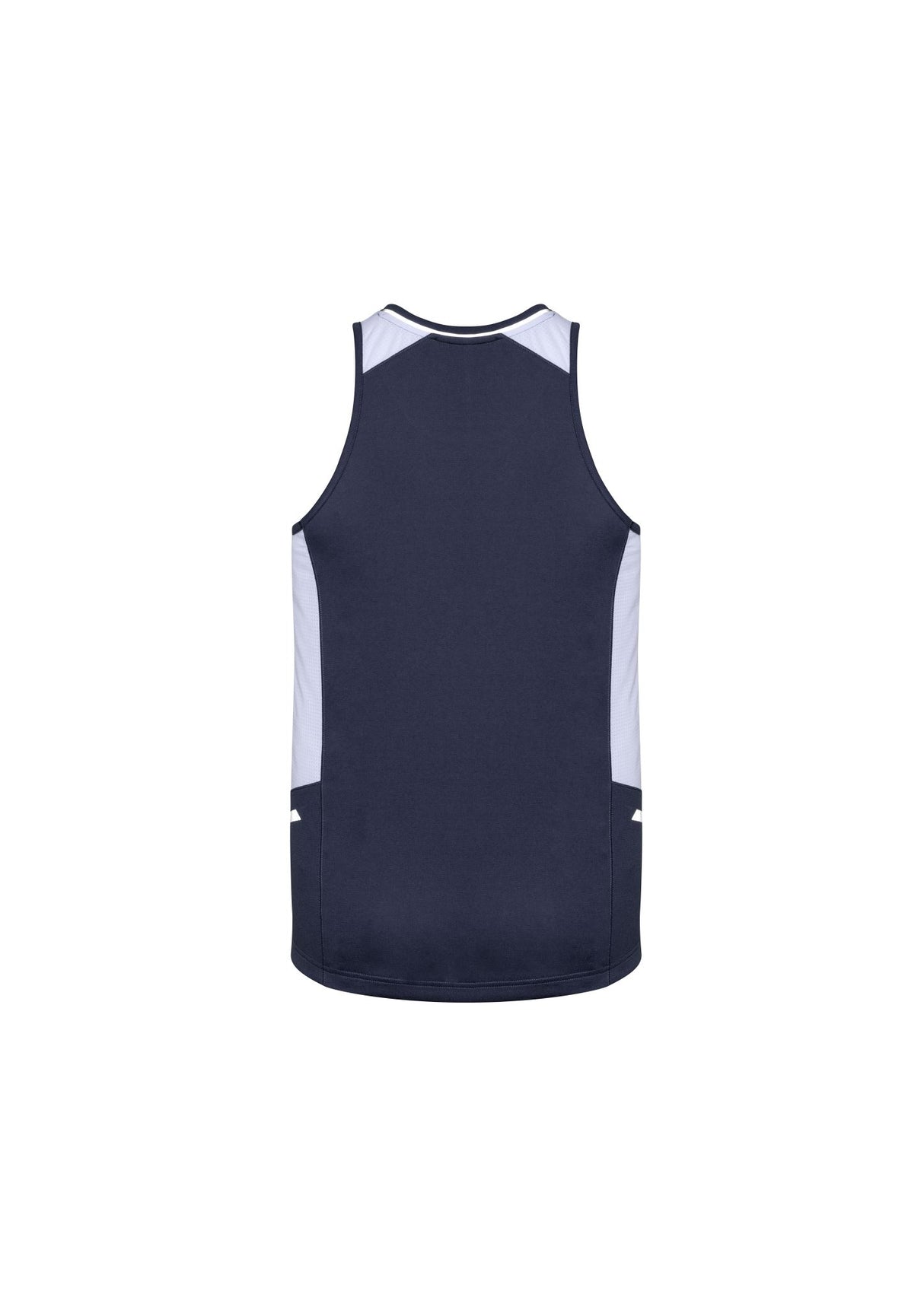 Men's Renegade Singlet in Navy/White/Silver, size L, featuring breathable fabric, UPF protection, and reflective trims for safety.
