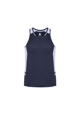 Men's Renegade Singlet in Navy, White, and Silver, featuring breathable fabric, reflective trims, and mesh panels, size 5XL.