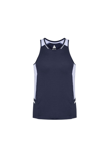 Men's Renegade Singlet in Navy/White/Silver, size L, featuring breathable fabric, reflective trims, and mesh side panels.