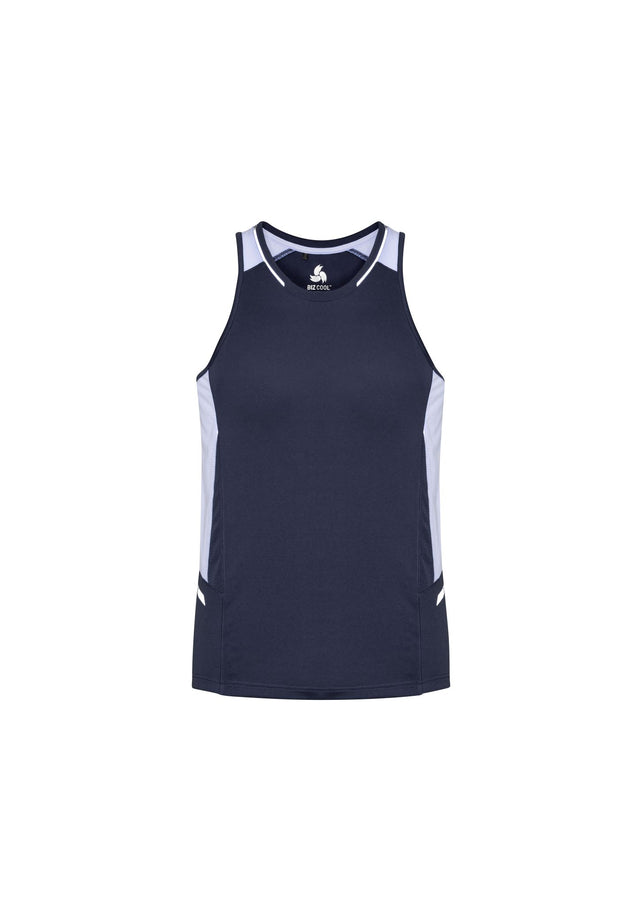 Mens Renegade Singlet in Navy/White/Silver, Size XL, made from breathable 100% BIZ COOL™ Micro Polyester with reflective trims.
