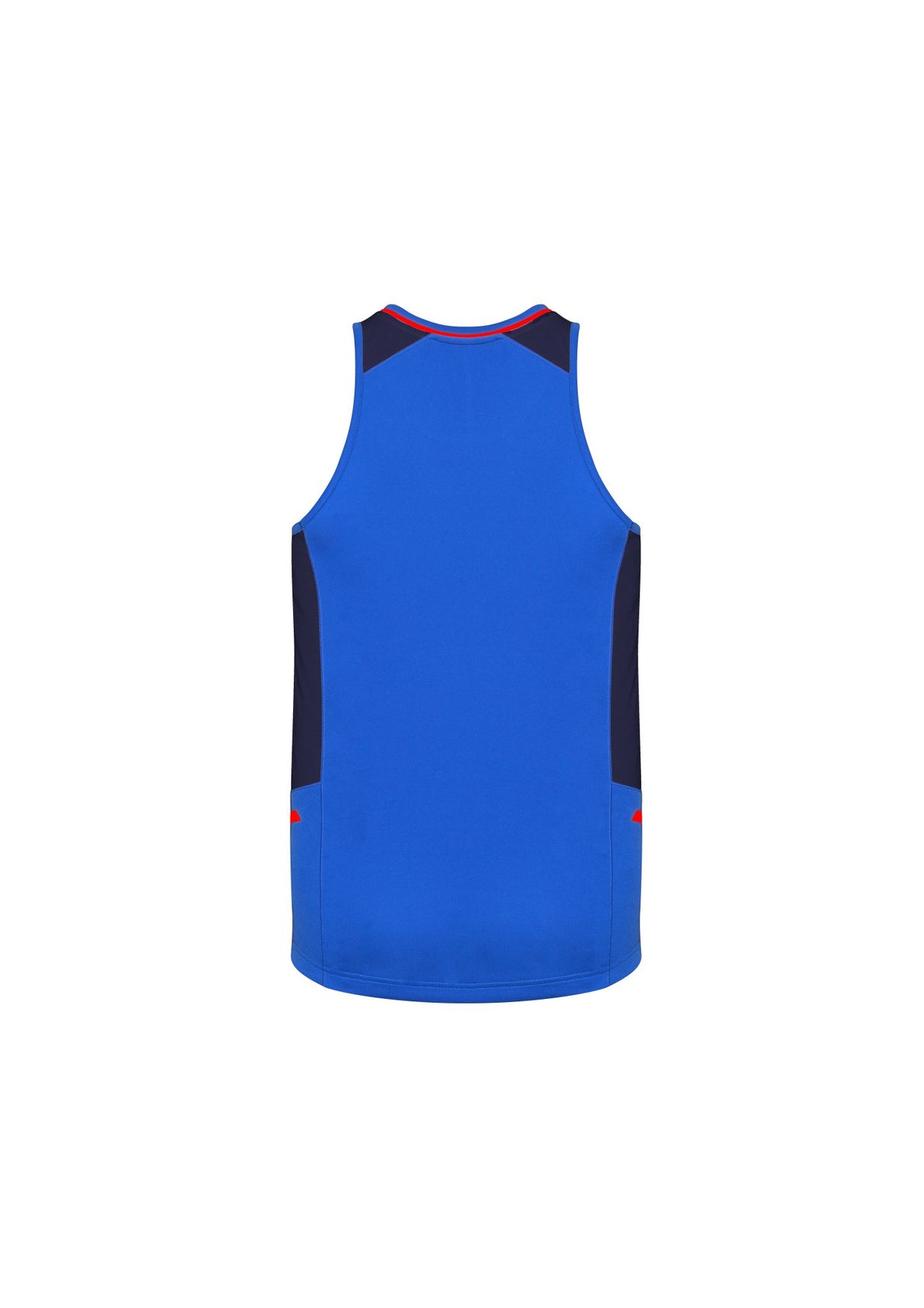 Mens Renegade Singlet in Royal, Navy, and Fluoro Orange; lightweight, breathable, with reflective trims and mesh panels for airflow.