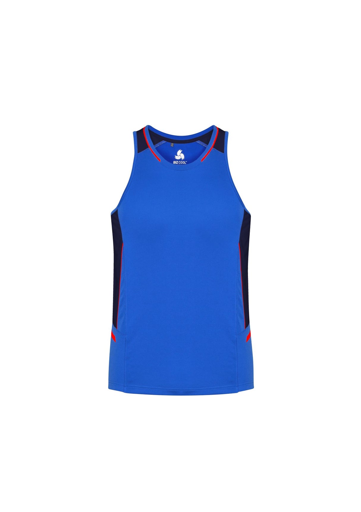 Men's Renegade Singlet in Royal, Navy, and Fluoro Orange, size 5XL, featuring moisture-wicking fabric and reflective trims.
