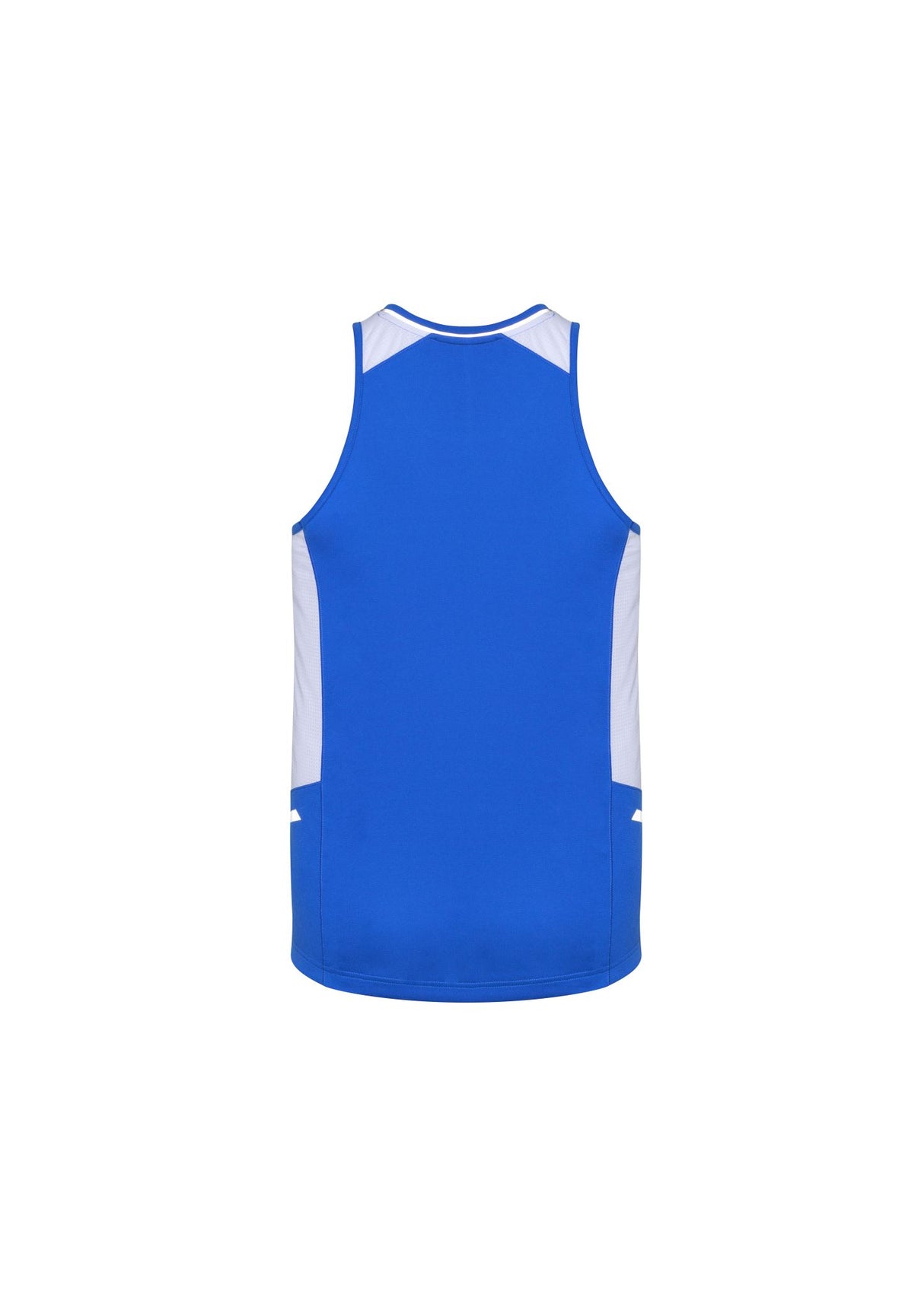 Mens Renegade Singlet in Royal, White, and Silver, featuring reflective trims, mesh side panels, and cool BIZ COOL® fabric.