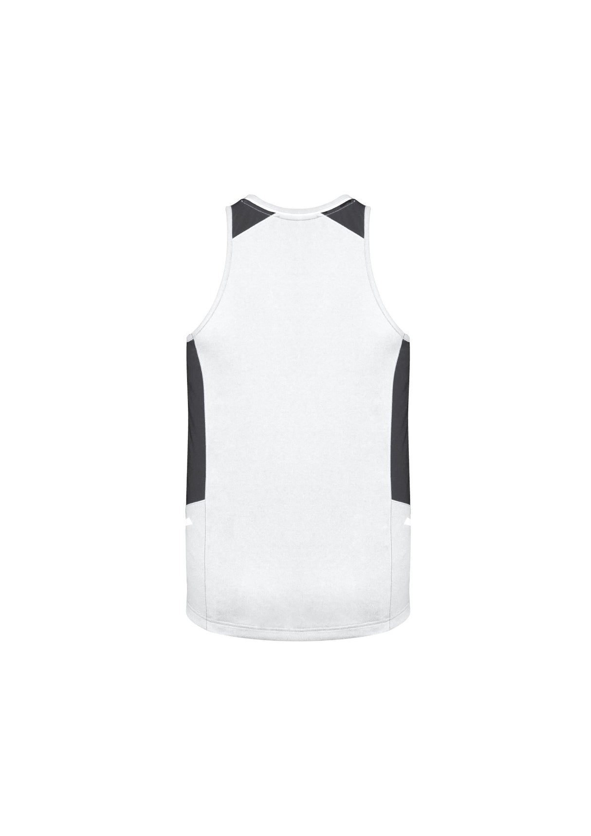 Mens Renegade Singlet in White/Black/Silver, size 5XL, featuring breathable fabric, reflective trims, and mesh panels for comfort.