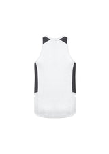 Mens Renegade Singlet in White/Black/Silver, size 5XL, featuring breathable fabric, reflective trims, and mesh panels for comfort.