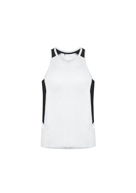 Mens Renegade Singlet in white, black, and silver, size 5XL, featuring breathable fabric and stylish reflective trims.