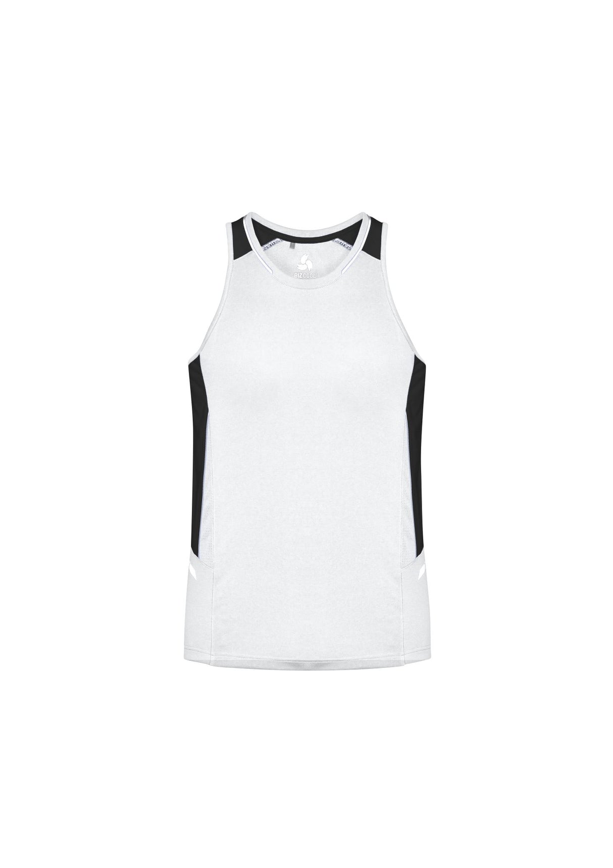 Men's Renegade Singlet in white, black, and silver, made of breathable micro polyester with reflective trims for workouts.