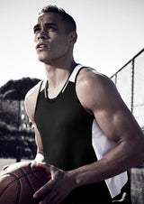 mens renegade singlet in black, white, and silver, size 3XL, featuring breathable fabric, reflective trims, and mesh panels.
