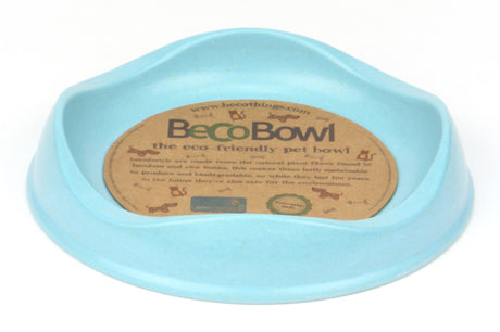 BecoBowl Cat bowl in blue, 17cm diameter, eco-friendly bamboo design with low rim for whisker comfort and 250mL capacity.