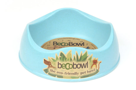 Bright blue eco-friendly dog bowl made from durable bamboo, 500mL capacity, perfect for small breeds, and dishwasher safe.