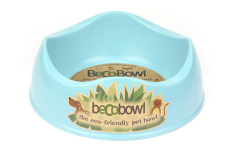 Eco-friendly Beco Bowl in blue, 21cm diameter, holds 800ml; made from bamboo and rice husks for sustainable pet dining.