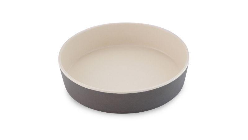 Eco-friendly Beco Classic Bamboo Cat Bowl in Coastal Grey, designed to reduce whisker fatigue and easy to clean.