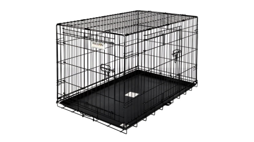 Great Dog Crate #3000 in black, measuring 75 x 48 x 55 cm, with side doors, easy-clean tray, and sturdy wire design for safety.