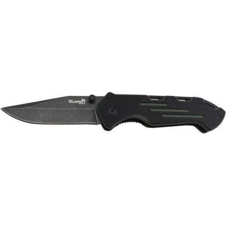 Green-striped pocket knife by SUMMIT GEAR with durable stainless steel blade, ideal for outdoor adventures and everyday tasks.