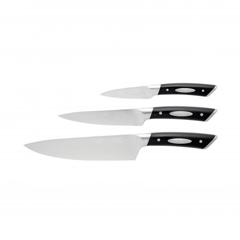 Scanpan Classic 3pc Stainless Steel Knife Set featuring high-carbon German blades and ergonomic handles for precise cutting.