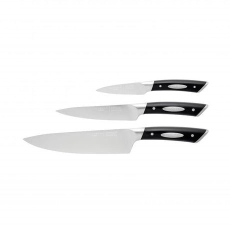 Scanpan Classic 3pc Stainless Steel Knife Set featuring high-carbon German blades and ergonomic handles for precise cutting.