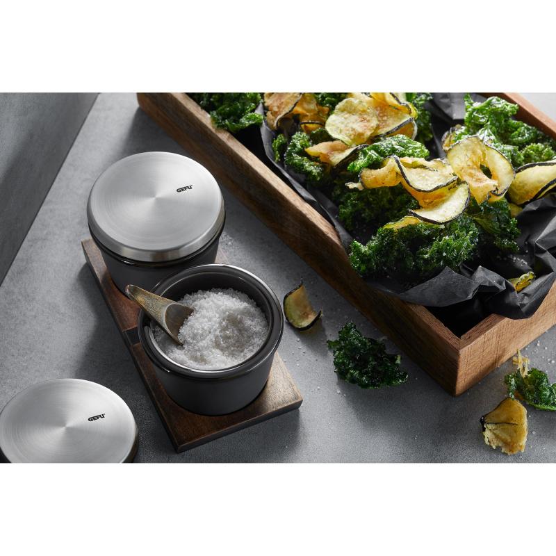 Elegant stoneware salt and spice pot with airtight lid, wooden spoon, and 150 ml capacity for fresh herbs and dips.