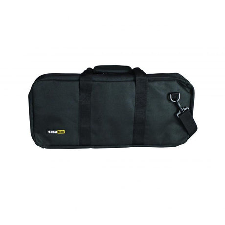 Durable black chef knives roll bag with 18 pockets, padded protection, and comfortable straps for easy transport.