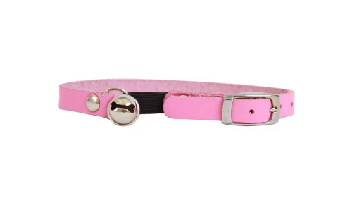 Pink leather kitten safety collar with elastic insert, chrome-plated buckle, and 'D' ring for ID tags, 25cm long.