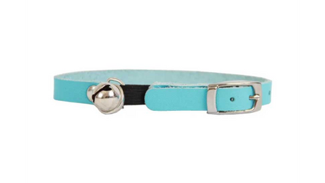 Aqua leather kitten safety collar with elastic insert, chrome buckle, and 'D' ring for comfort and security, 25cm.