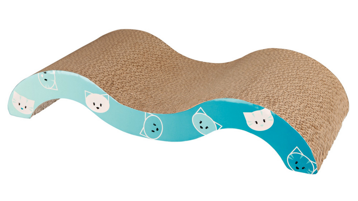 Mimi Cardboard Wave for cats, 50x23cm turquoise scratching lounger with catnip, promotes play and comfort.