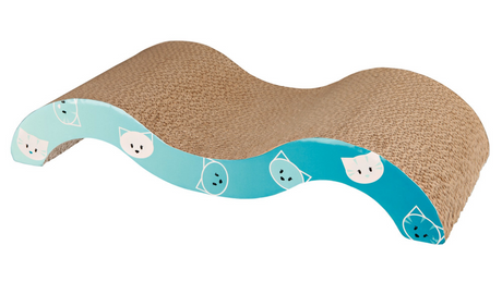 Mimi Cardboard Wave for cats, 50x23cm turquoise scratching lounger with catnip, promotes play and comfort.