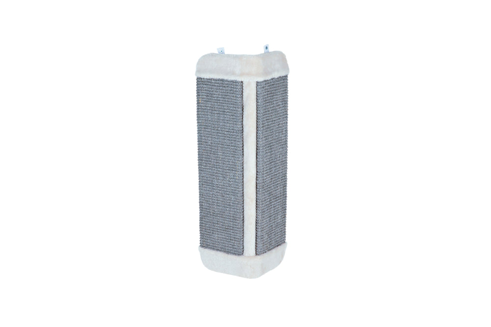 Grey corner cat scratching board featuring durable sisal and plush, designed to protect furniture and enhance cat playtime.