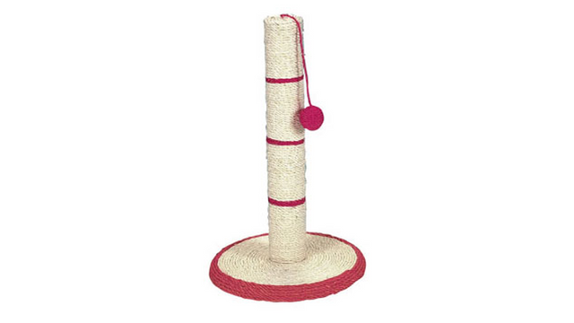 Natural sisal cat scratching post with 50cm height, 31cm stable base, and hanging toy for healthy play and scratching.