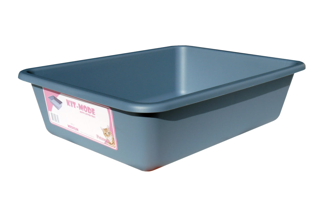 Medium blue cat litter tray (40x30x10cm) designed for comfort and hygiene, featuring raised edges to minimize mess.