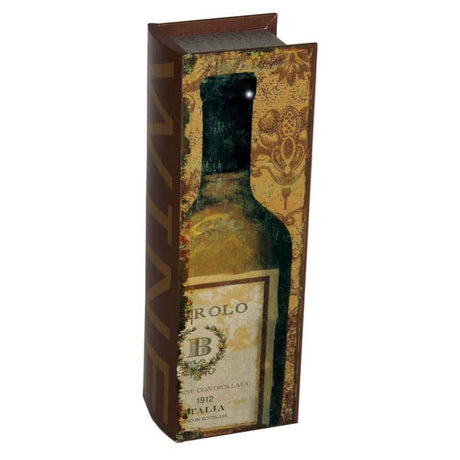 Vintage-style wine box with grape motif, opens like a book, secures with hook locks, fits standard wine bottles.