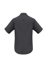 Men's Charcoal Short Sleeve Shirt by Biz Collection featuring UPF protection, breathable fabric, and a stylish curved hem.