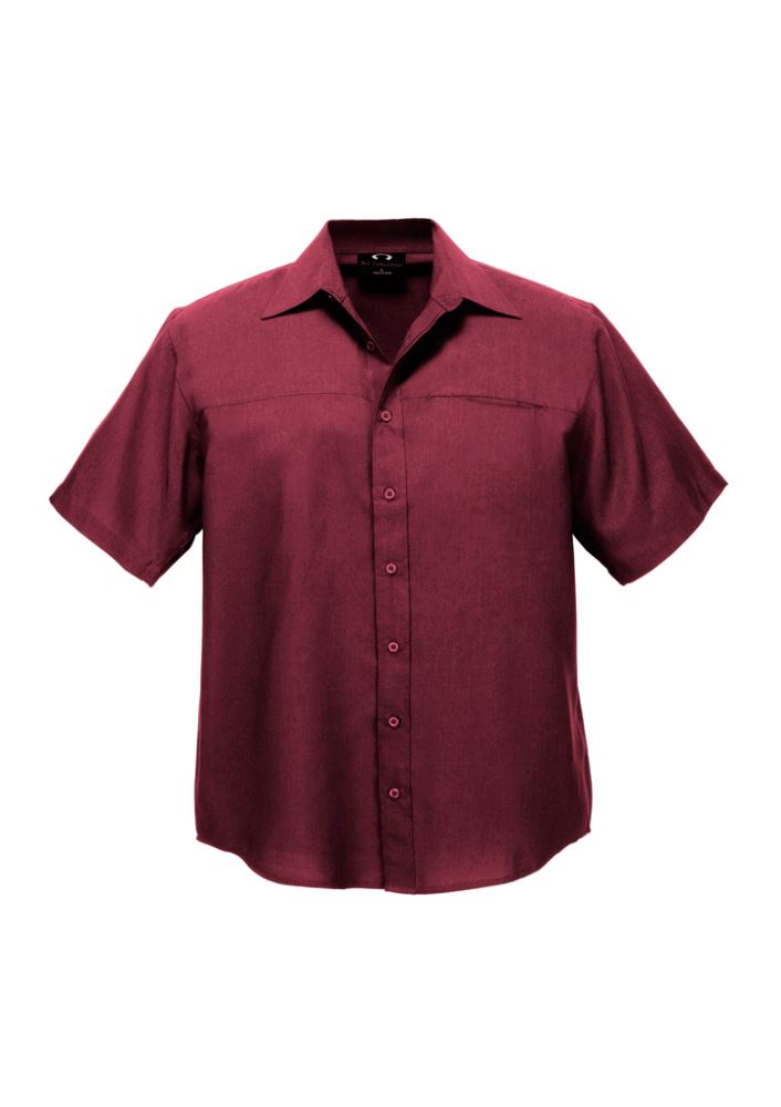 Men's Cherry Oasis Short Sleeve Shirt, 3XL, featuring breathable polyester, UPF sun protection, and a stylish curved hem.