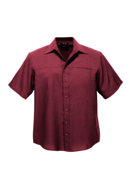 Men's Cherry Oasis Short Sleeve Shirt in Size S, featuring breathable fabric, UPF protection, and a classic collar with pocket.