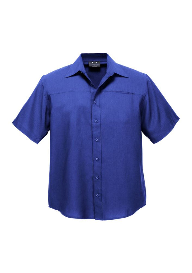 Electric Blue short sleeve shirt for men, featuring breathable fabric, a standard collar, and jet chest pocket. Size M.