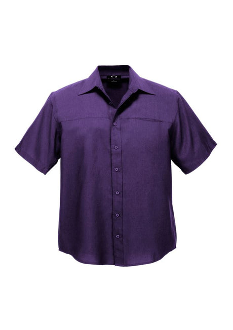 Men's 5XL Oasis short sleeve shirt in Grape, featuring breathable fabric, UPF protection, and a stylish curved hem.