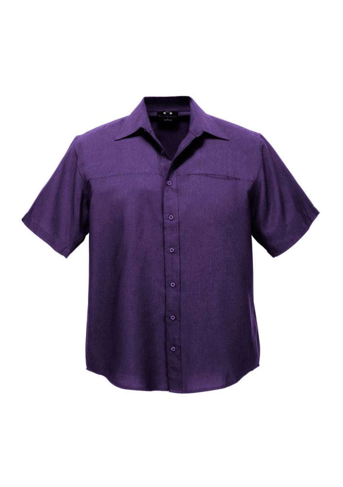 Men's grape short sleeve shirt with standard collar, jet chest pocket, curved hem, made from breathable polyester. Size M.