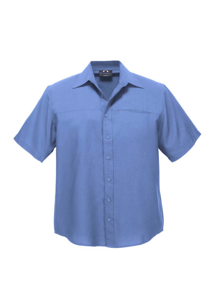 Men's Mid Blue Short Sleeve Shirt, 2XL, featuring breathable fabric, UPF protection, standard collar, and curved hem.