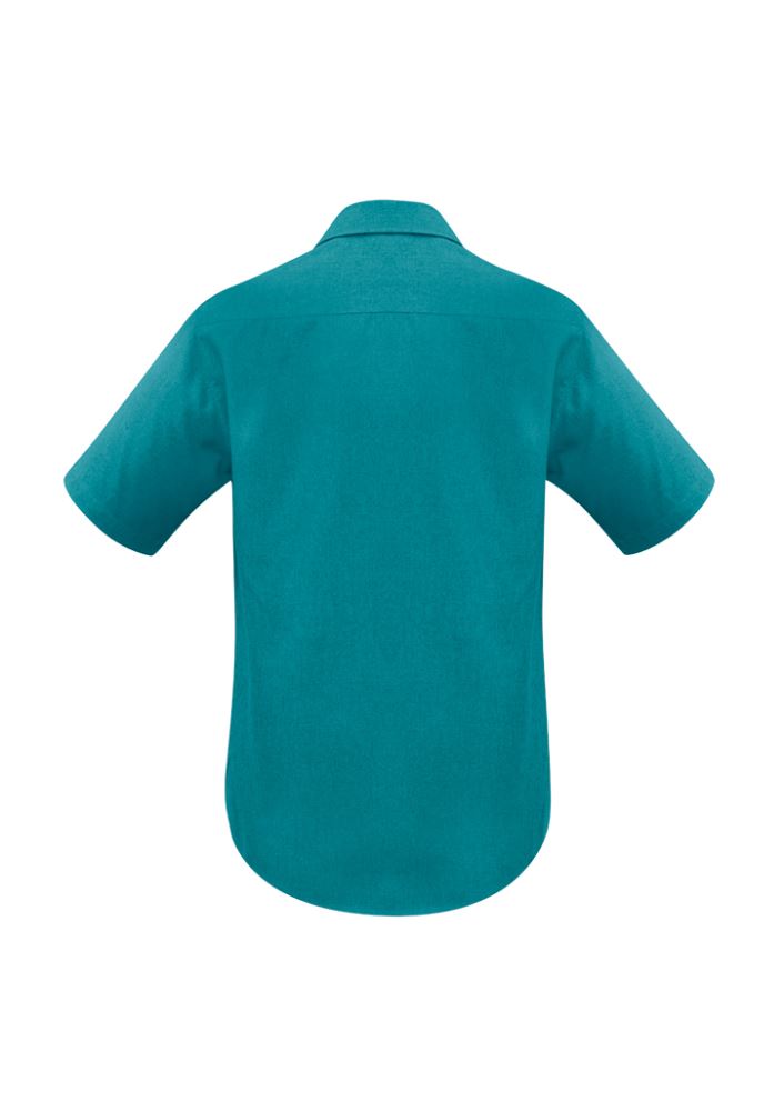 Men's teal short sleeve shirt featuring breathable fabric, standard collar, chest pocket, and curved hem, size L by Biz Collection.