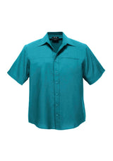 Men's teal short sleeve shirt in 2XL, featuring breathable fabric, standard collar, chest pocket, and versatile curved hem.