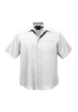Men's white short sleeve shirt with a standard collar, jet chest pocket, and breathable fabric for style and comfort.