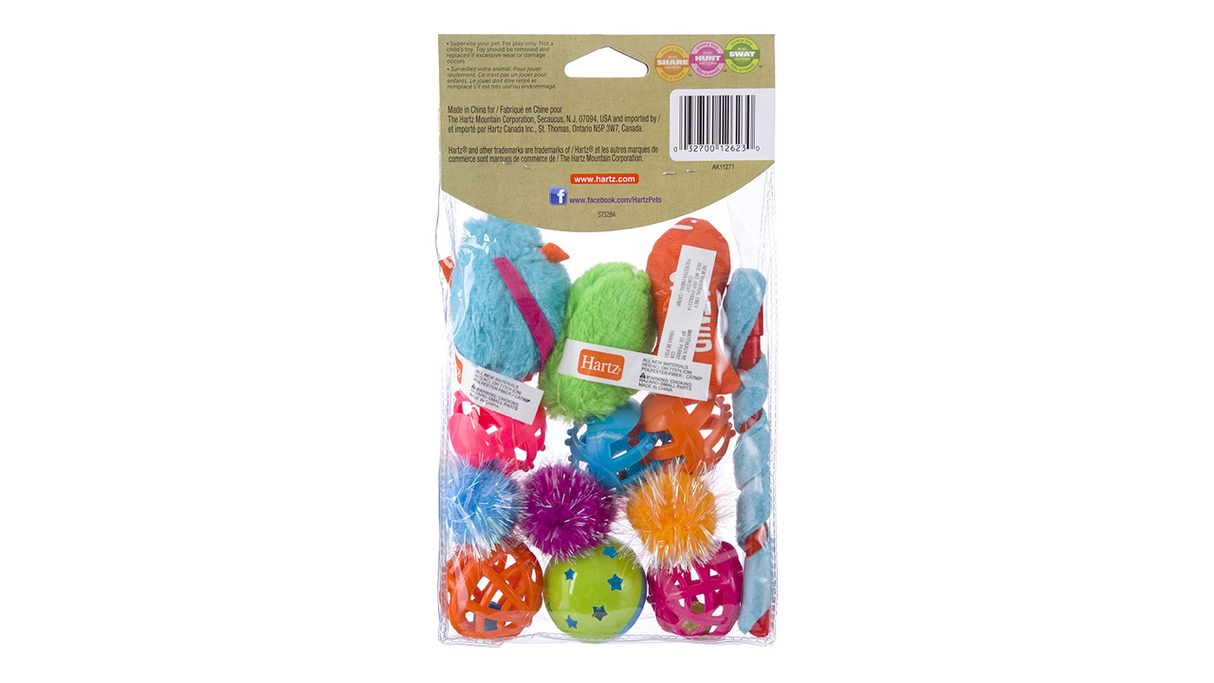 A colorful assortment of 13 cat toys, including plush mice, crinkle balls, and feather wands for playful feline fun.